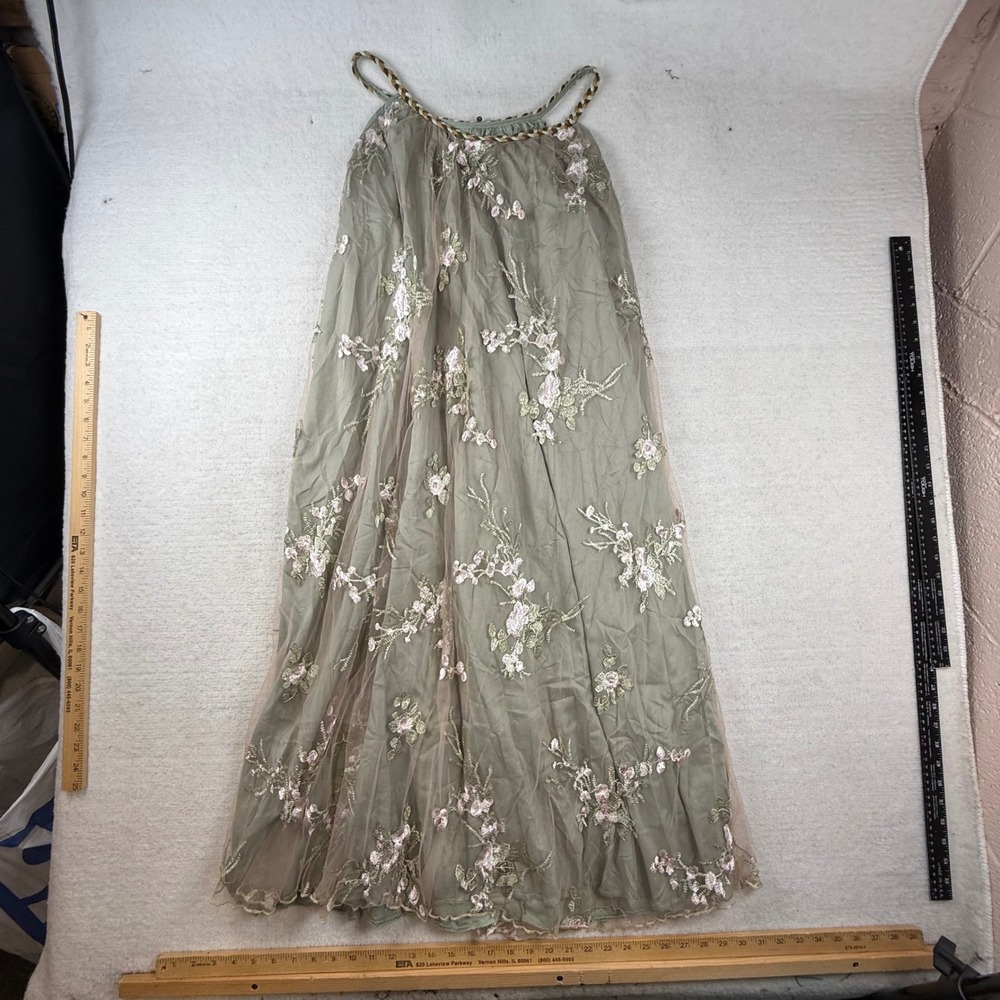 Whimy Sage  Floral Embroidered Maxi Dress Braided Straps 0XL fairycore romantic